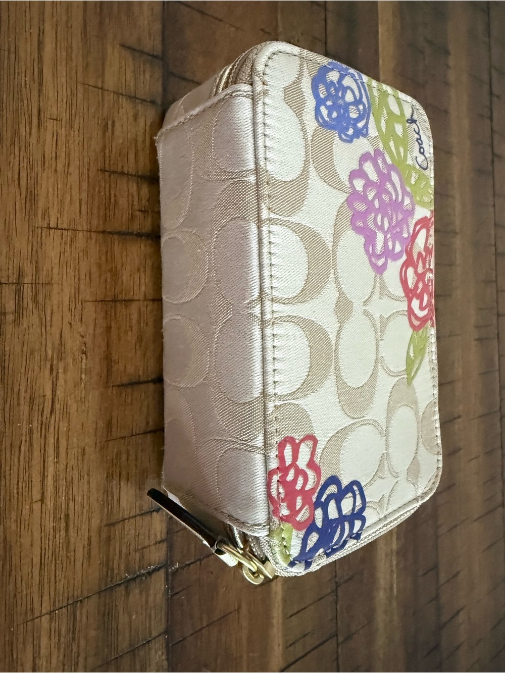 Coach Signature Beige Small Zip Jewelry Keeper with Multicolor Floral Accents - Picture 3 of 5